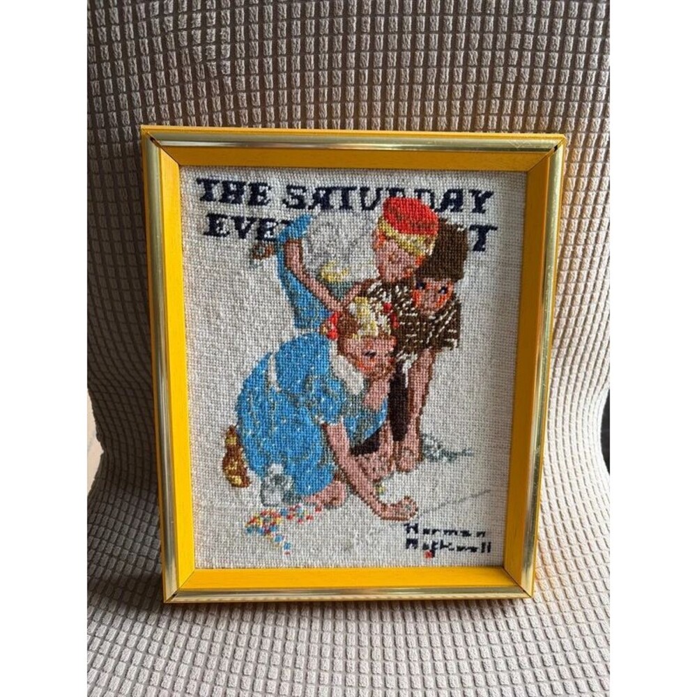 Vintage Norman Rockwell Needlepoint The Marble Champion Framed Saturday Evening